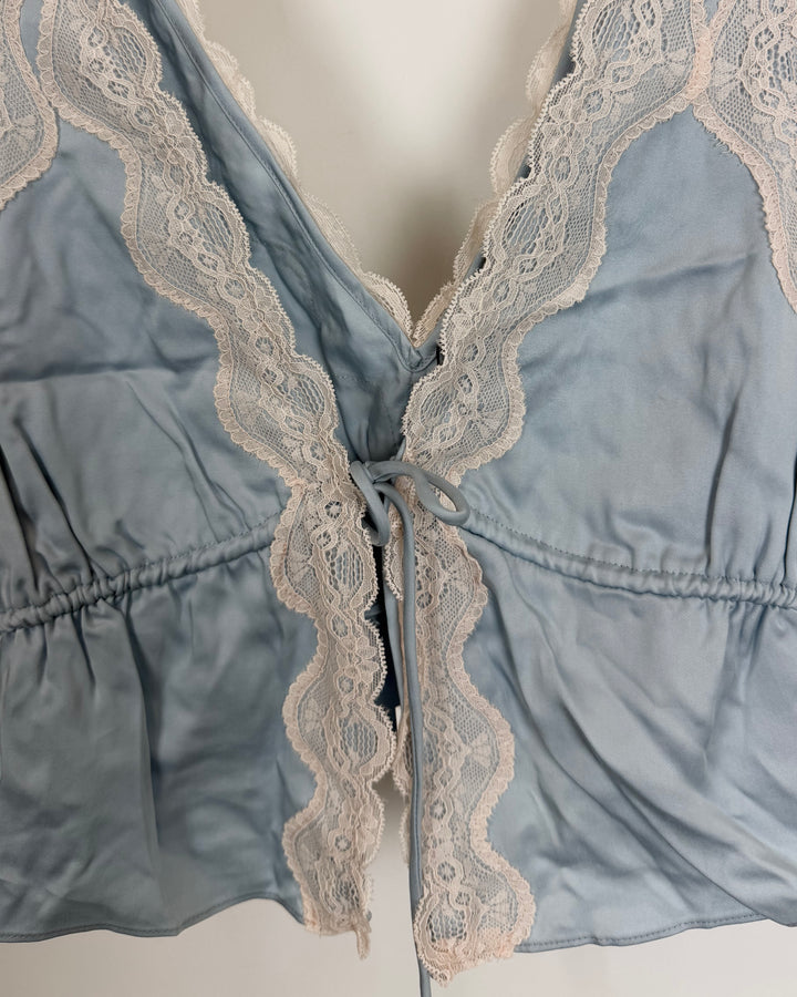 Powder Blue Lace Tie Front Top - Size 0/2, 2/4