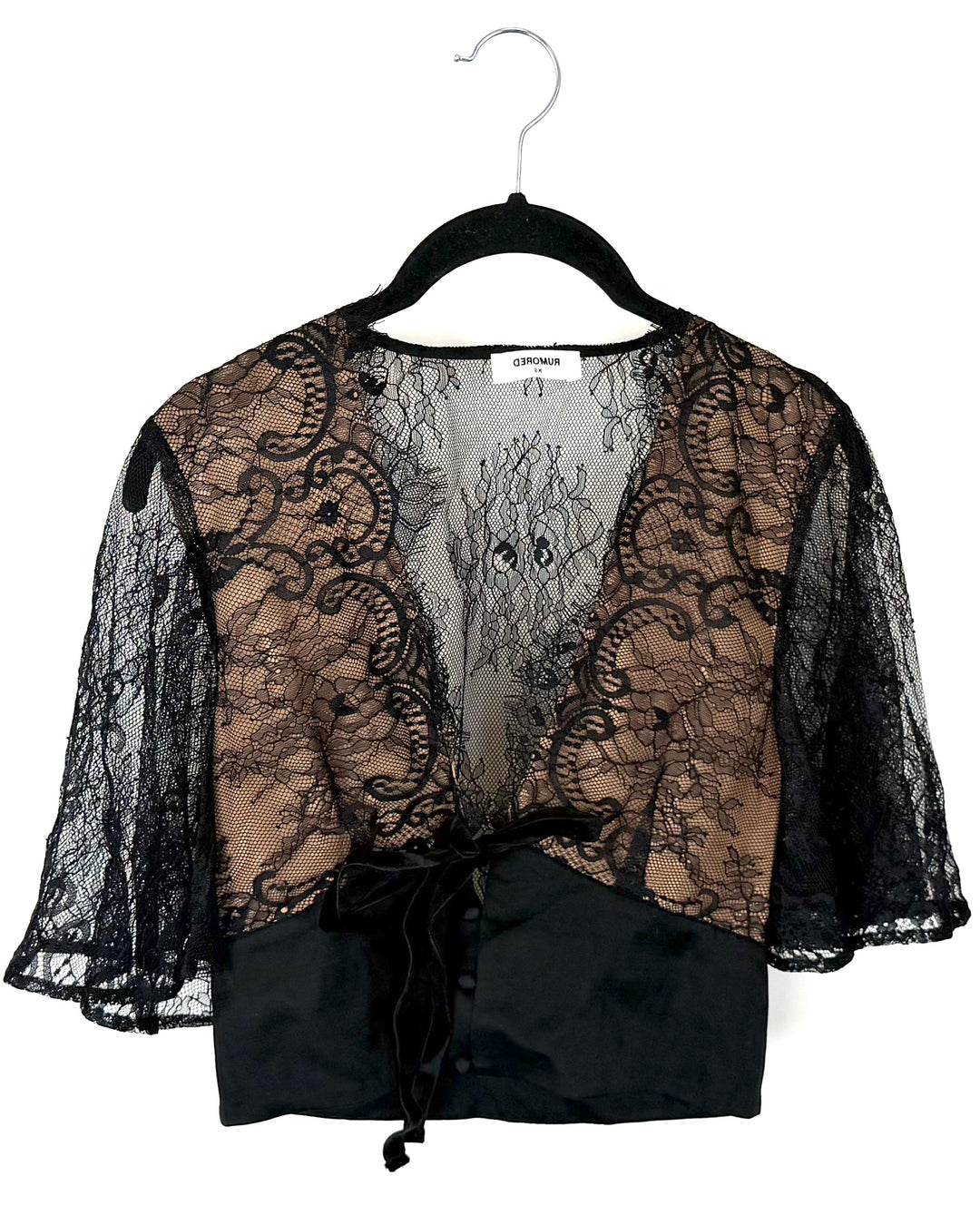 Black Lacy Cropped Tie Top - 0/2, 2/4
