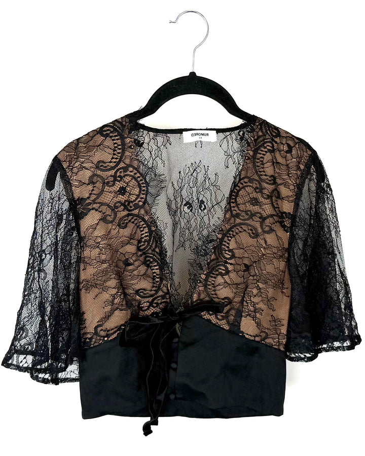 Black Lacy Cropped Tie Top - 0/2, 2/4