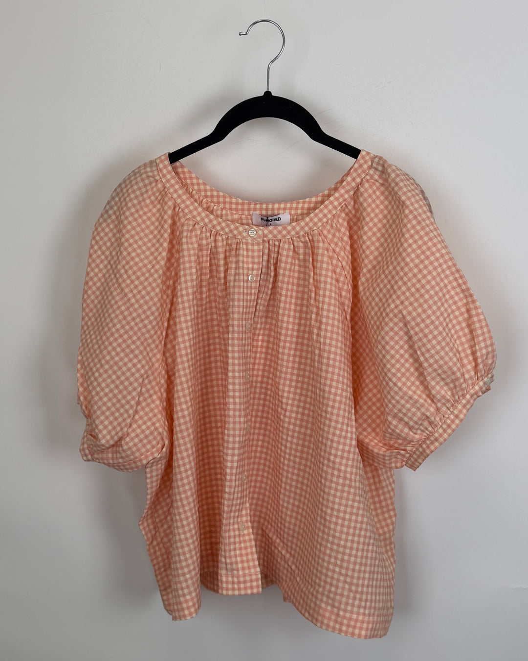 Peach and White Gingham Puff Sleeve Blouse - Size 0/2, 2/4