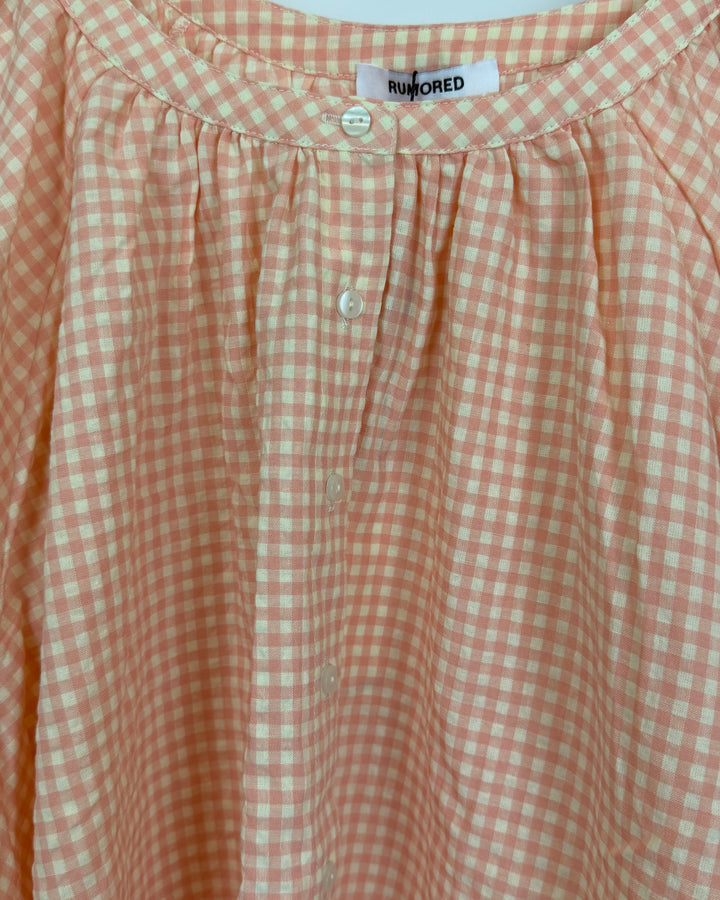 Peach and White Gingham Puff Sleeve Blouse - Size 0/2, 2/4