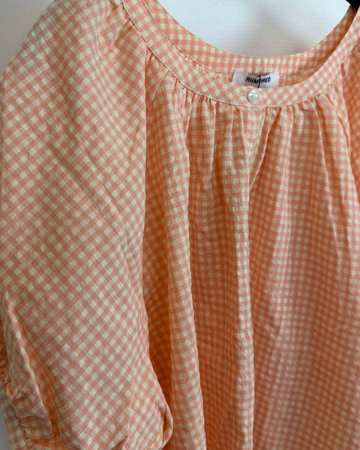 Peach and White Gingham Puff Sleeve Blouse - Size 0/2, 2/4