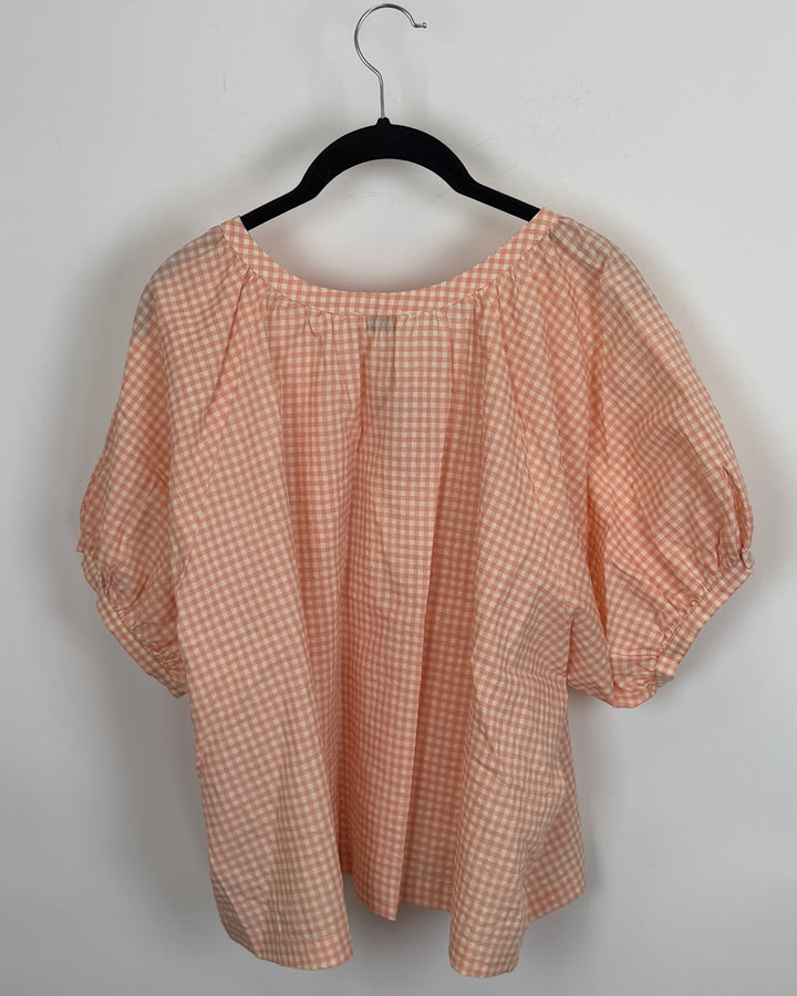 Peach and White Gingham Puff Sleeve Blouse - Size 0/2, 2/4