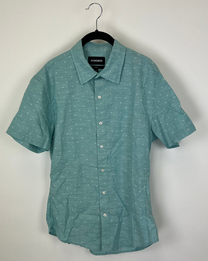 MENS Baby Blue with White Polka Dots Button Up Short Sleeve - Slim Fit Medium