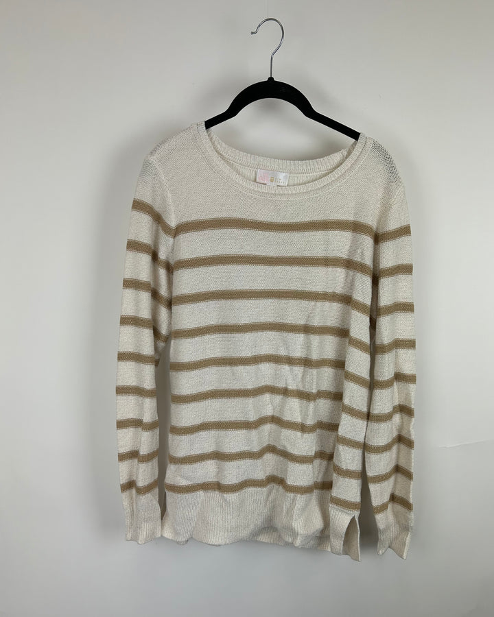 Cream and Light Brown Metallic Striped Sweater - Size 6/8