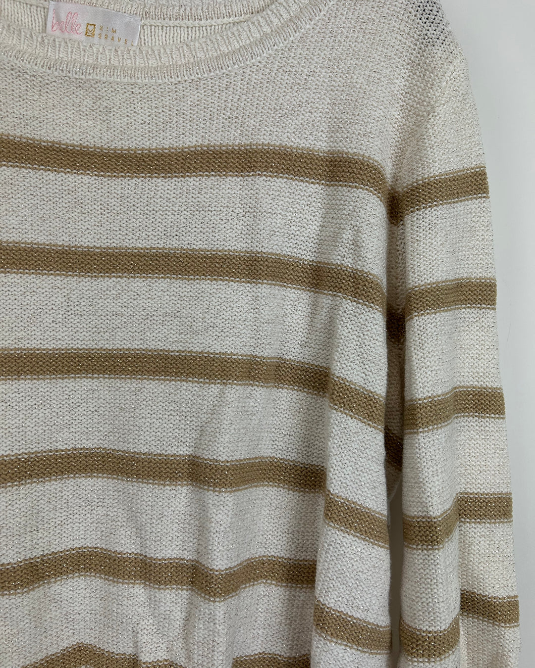 Cream and Light Brown Metallic Striped Sweater - Size 6/8