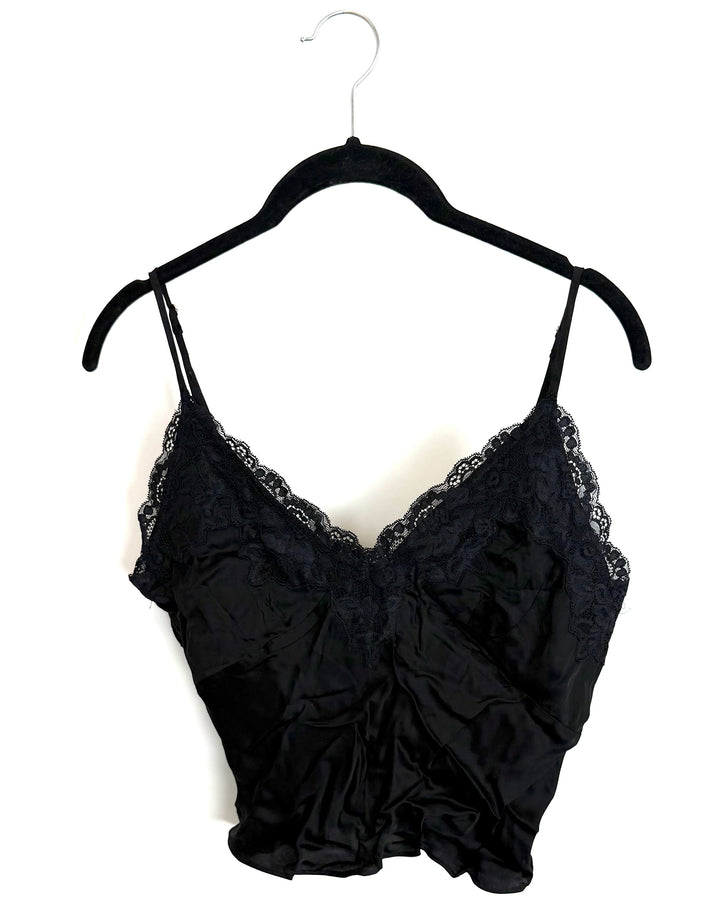 Black Lace Trim Cropped Satin Tank Top - Size 2/4