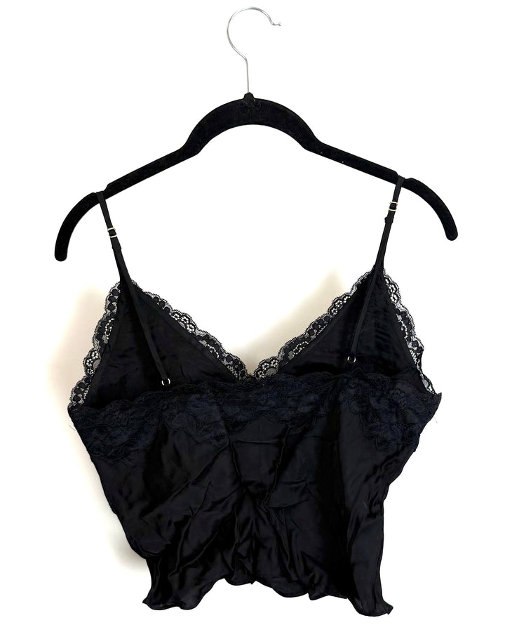 Black Lace Trim Cropped Satin Tank Top - Size 2/4