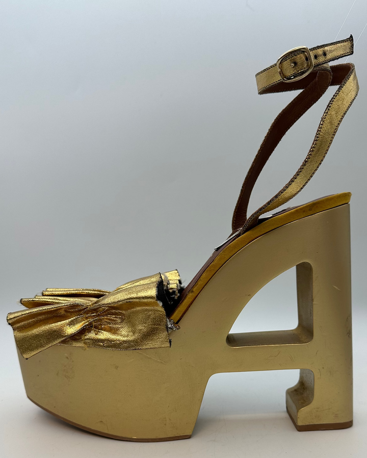 Gold Metallic Ruffle Monogram Platform Sandal - Size 40