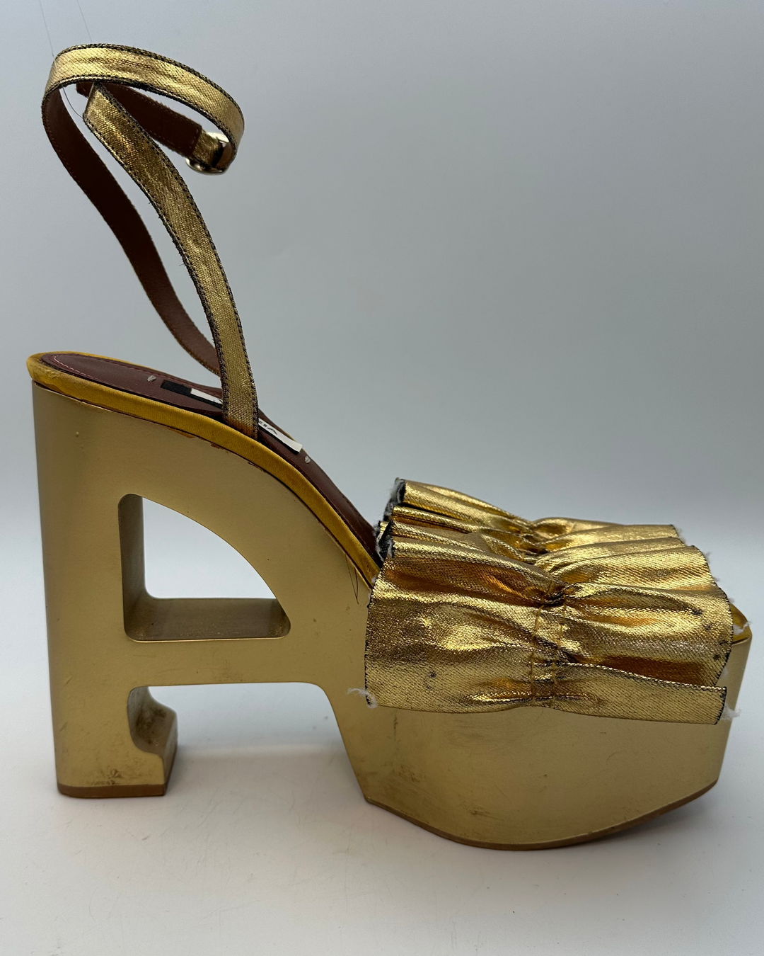 Gold Metallic Ruffle Monogram Platform Sandal - Size 40