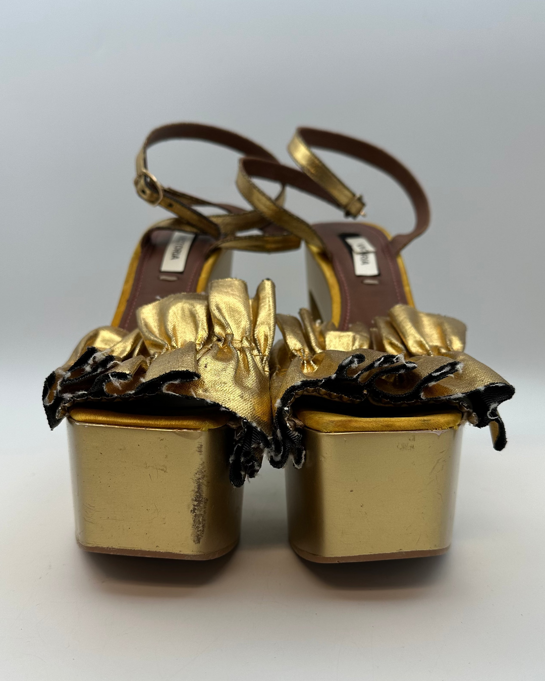 Gold Metallic Ruffle Monogram Platform Sandal - Size 40