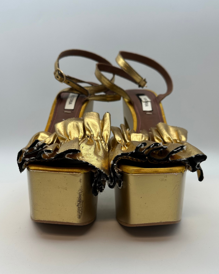 Gold Metallic Ruffle Monogram Platform Sandal - Size 40