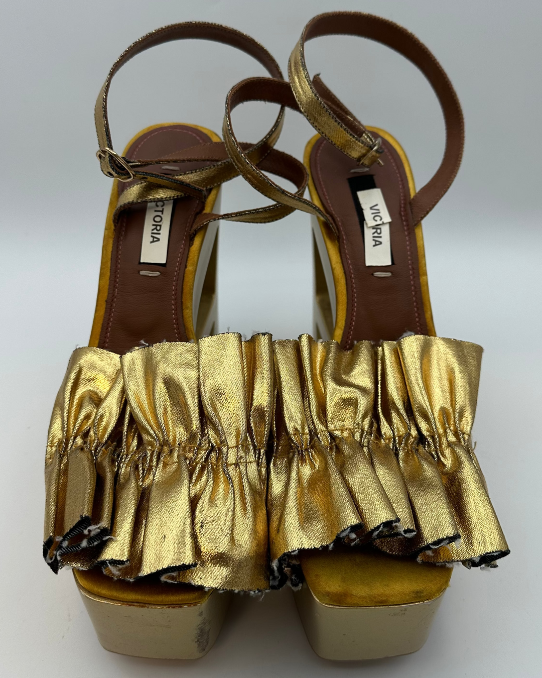 Gold Metallic Ruffle Monogram Platform Sandal - Size 40