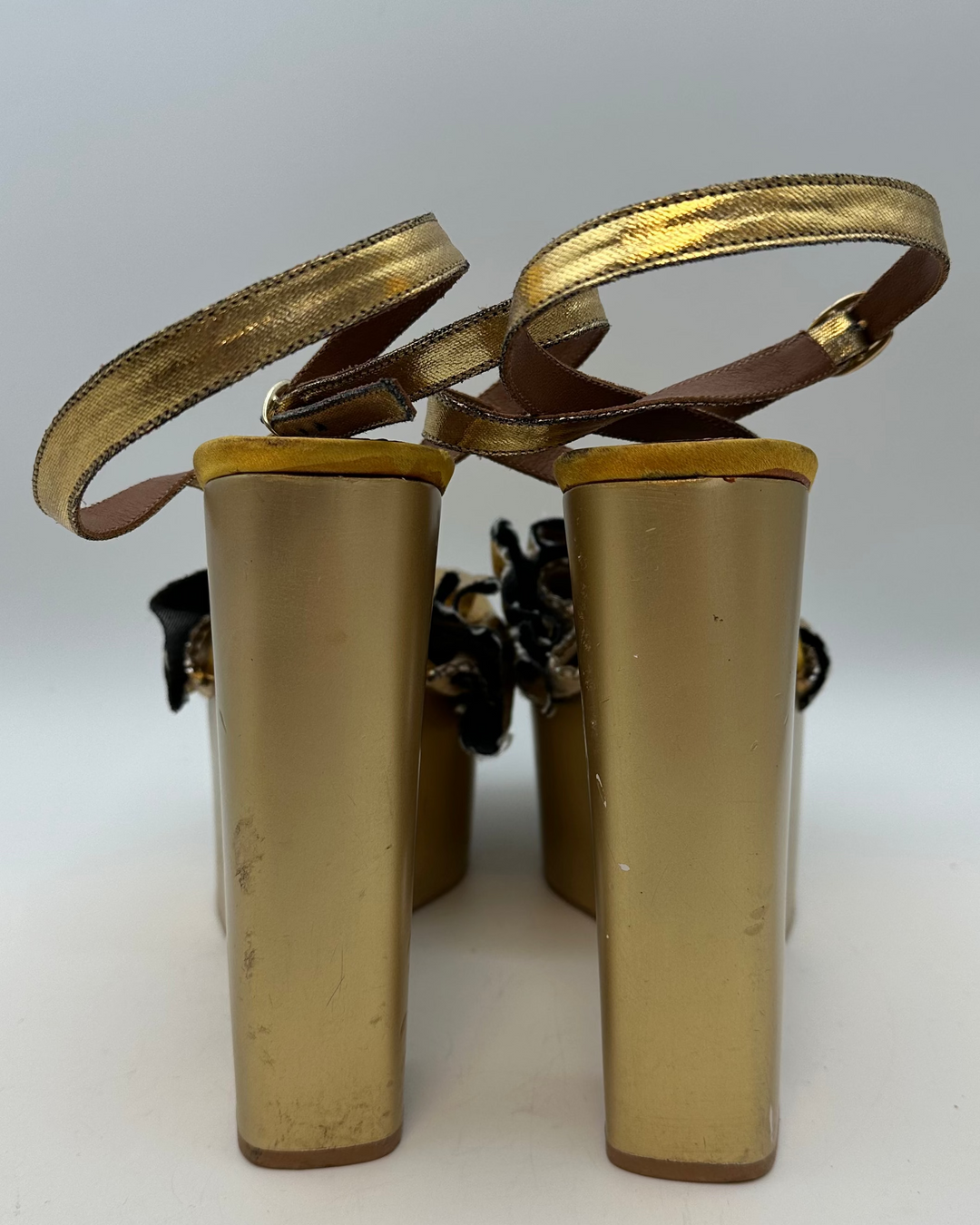 Gold Metallic Ruffle Monogram Platform Sandal - Size 40