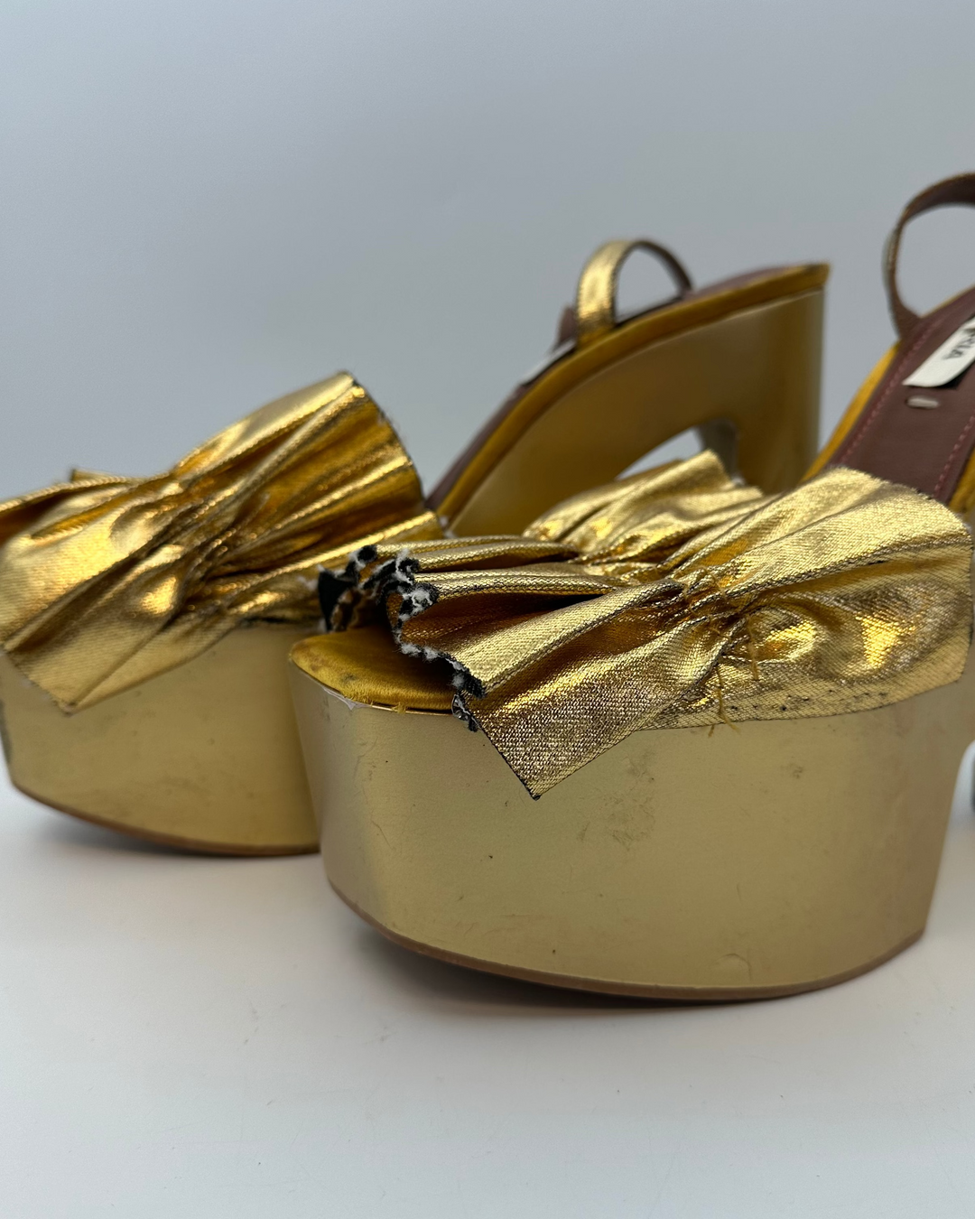 Gold Metallic Ruffle Monogram Platform Sandal - Size 40