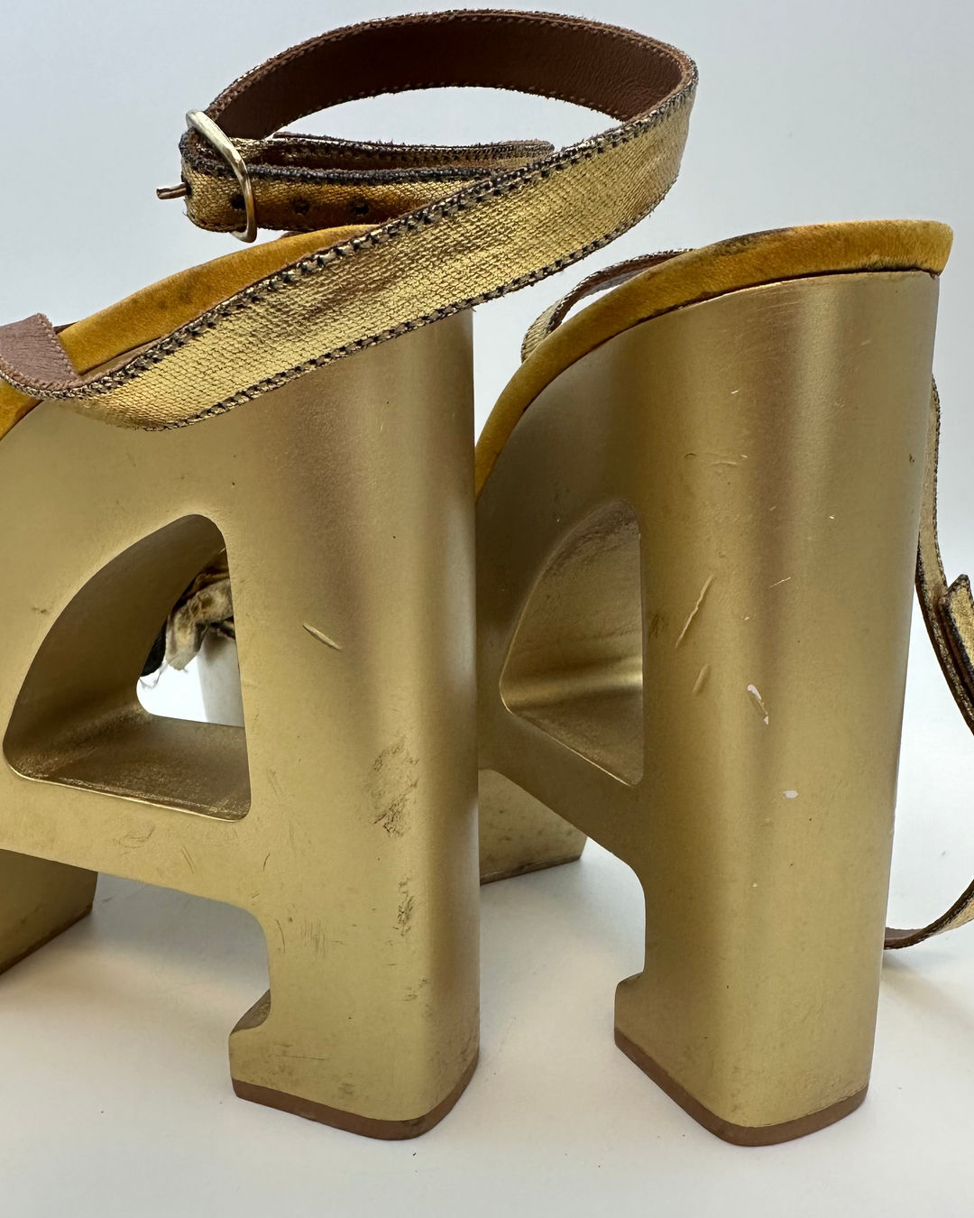 Gold Metallic Ruffle Monogram Platform Sandal - Size 40