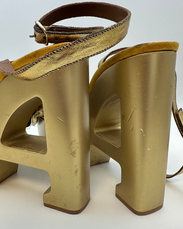 Gold Metallic Ruffle Monogram Platform Sandal - Size 40