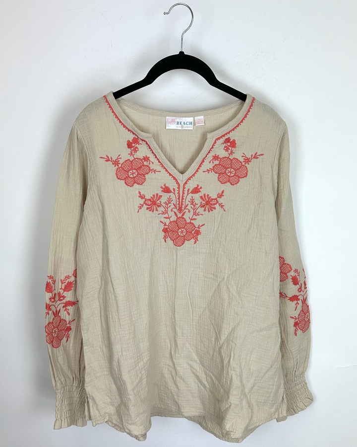 Beige and Coral Embroidered Top - Size 4/6
