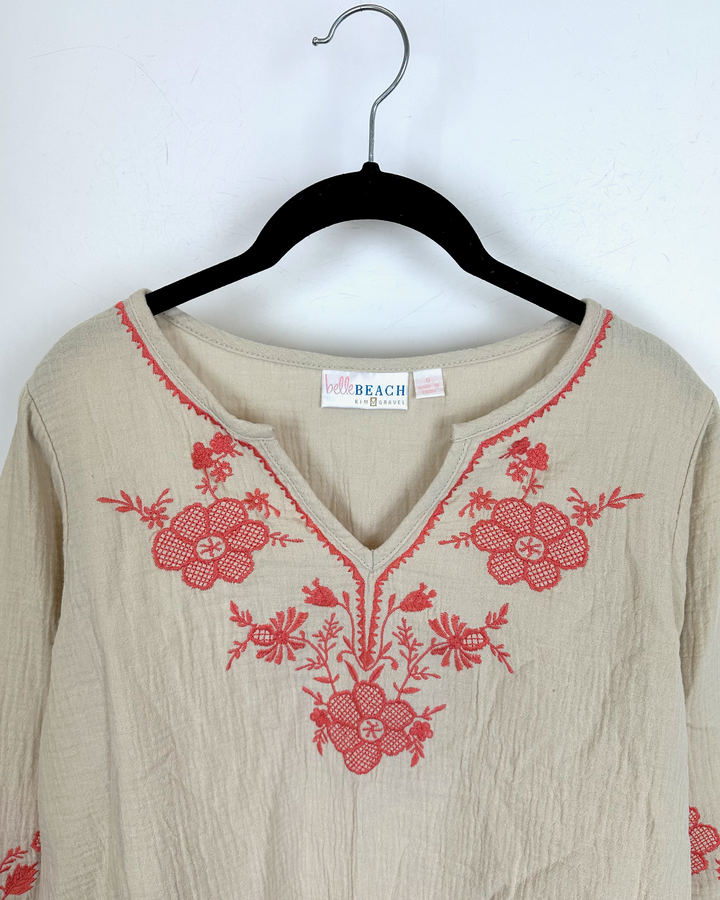 Beige and Coral Embroidered Top - Size 4/6