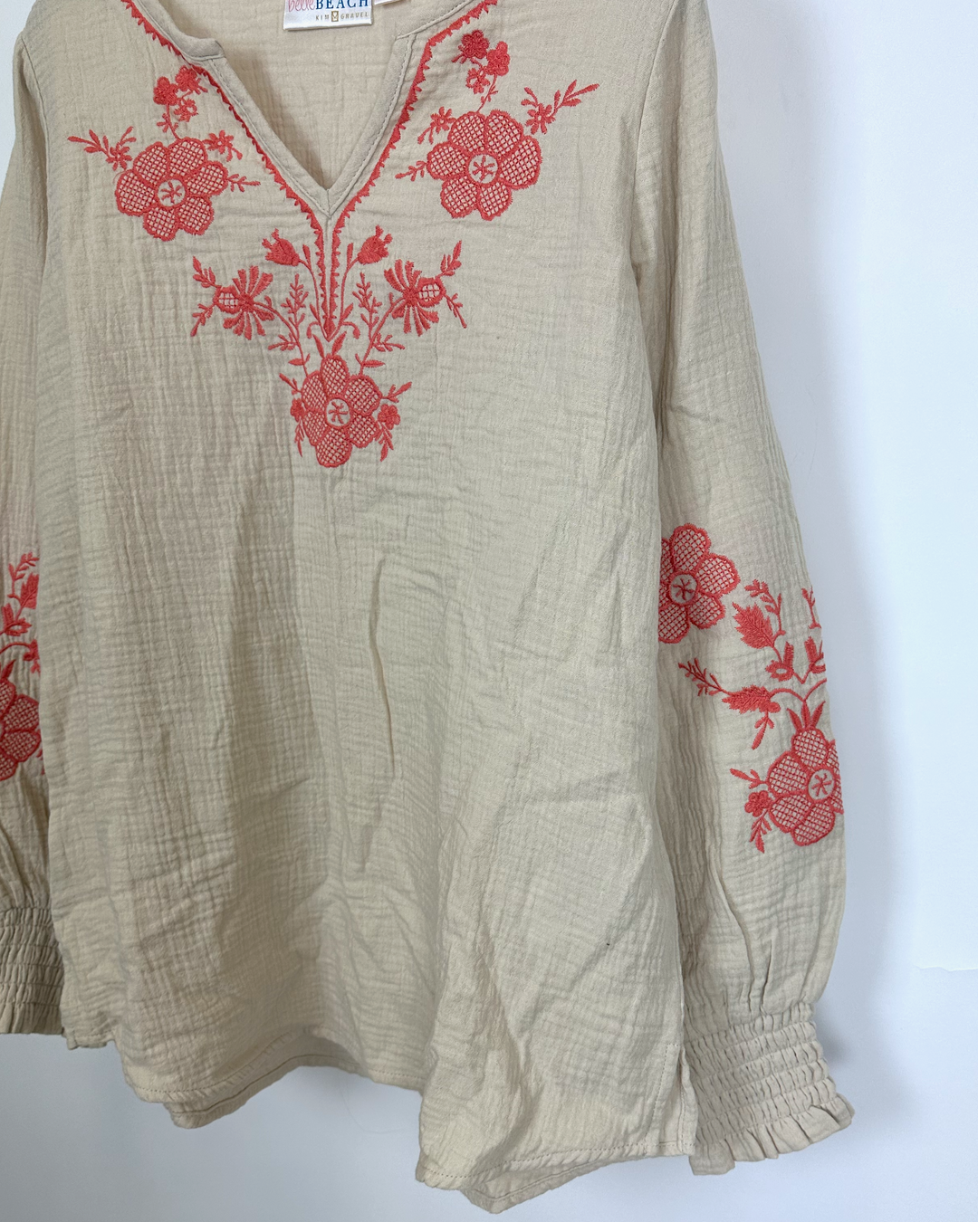 Beige and Coral Embroidered Top - Size 4/6