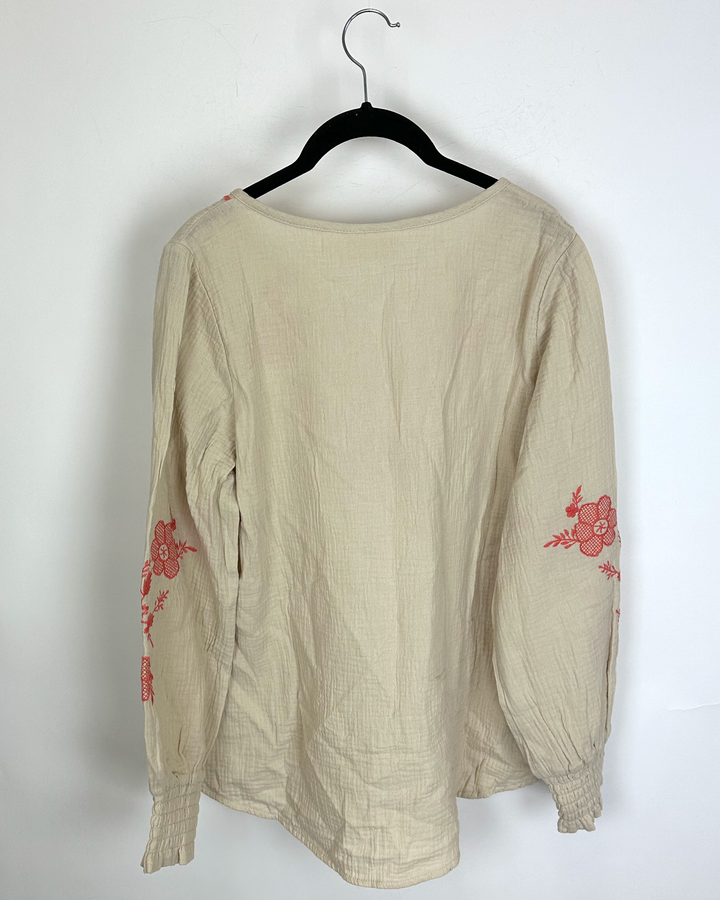 Beige and Coral Embroidered Top - Size 4/6