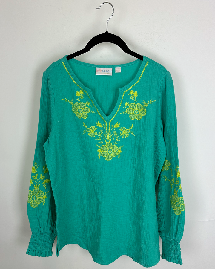 Teal and Yellow Green Embroidered Top - Size 4/6