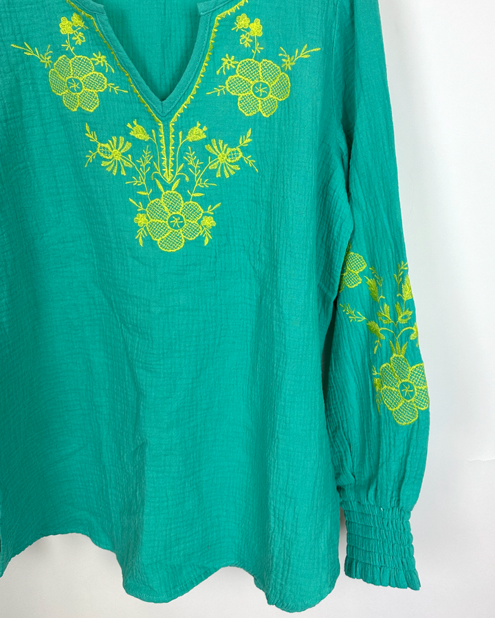 Teal and Yellow Green Embroidered Top - Size 4/6