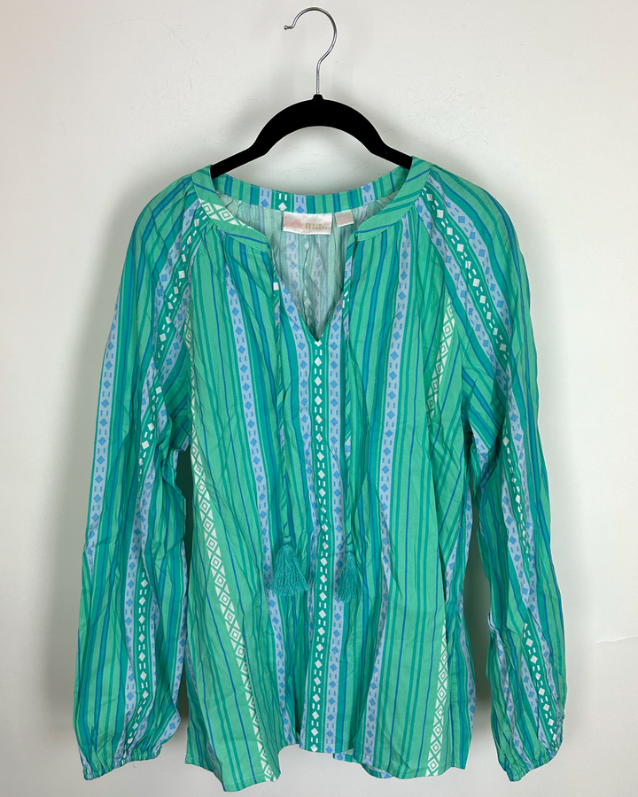 Mint Green and Blue Striped Tassel Top - Size 4/6