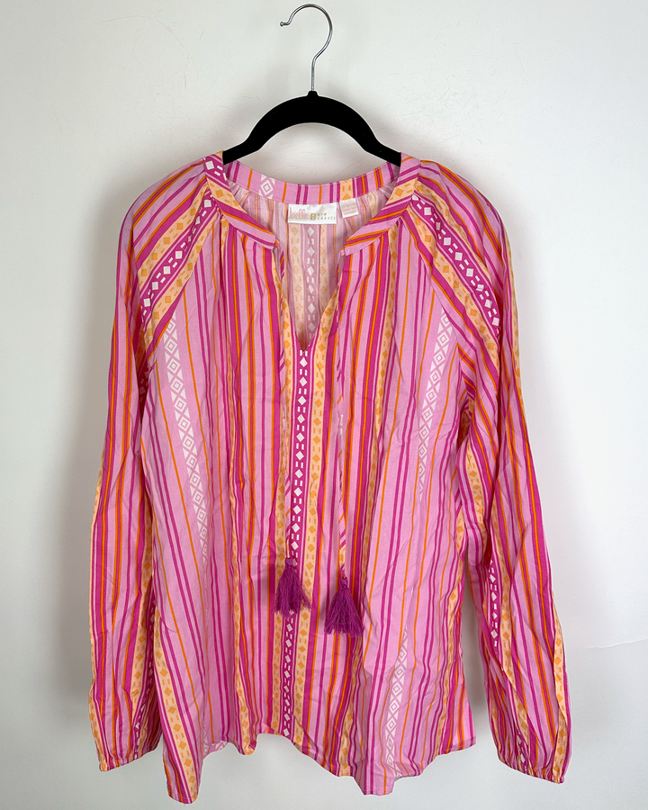 Pink and Orange Striped Tassel Top - Size 4/6