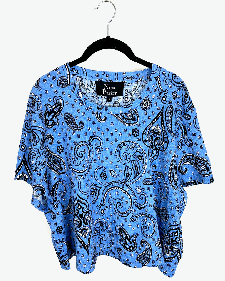 Blue Textured Bandana Print Cropped Top - Size 1X
