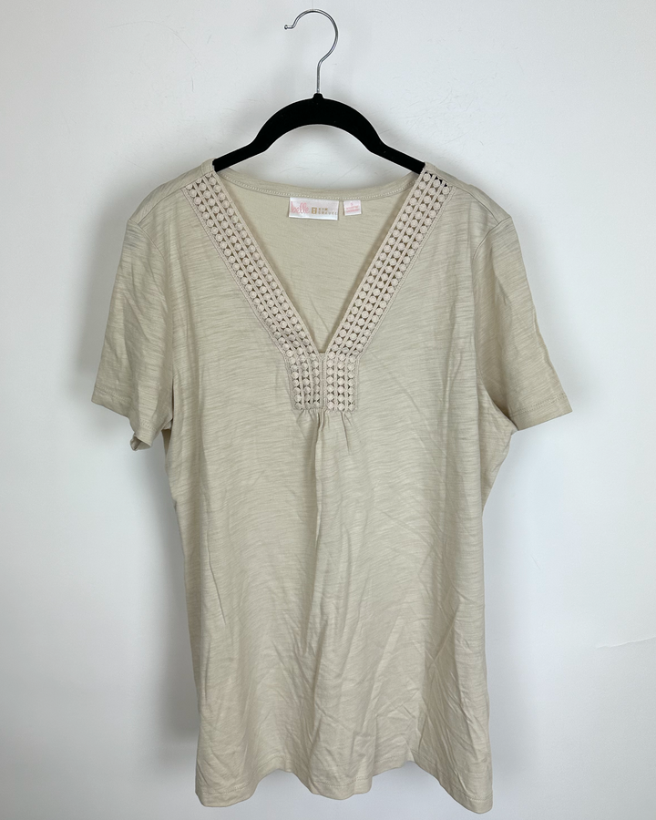 Sand Beige Eyelet Trim Neckline Top - Size 6/8