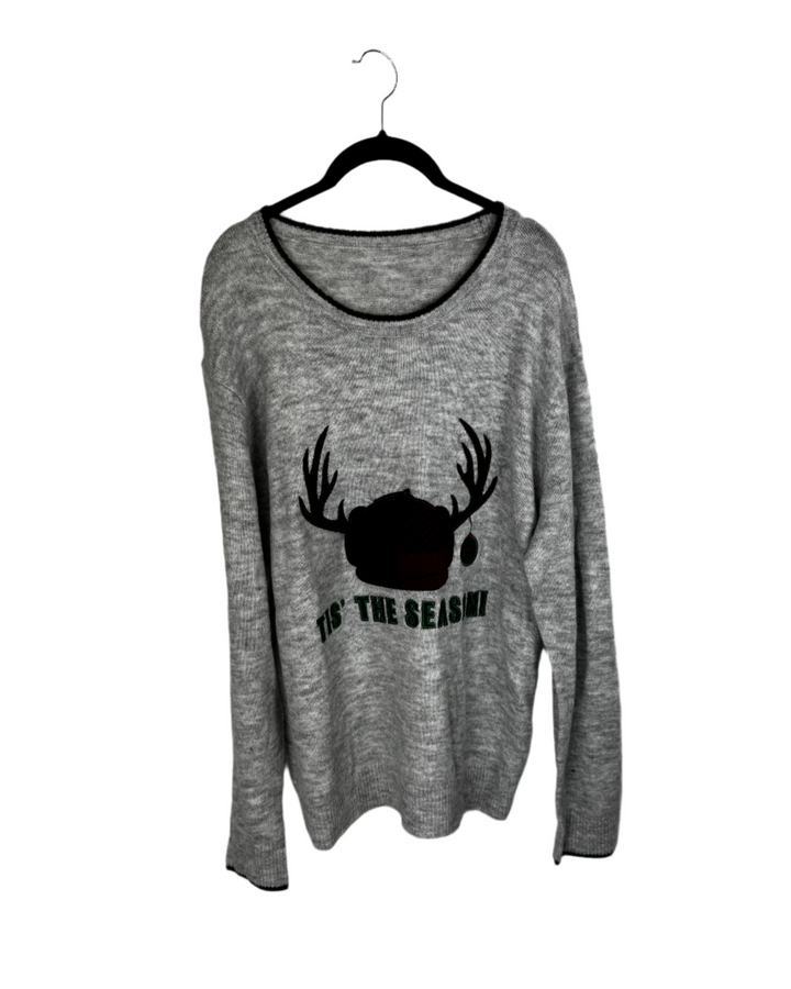 Gray Holiday Antler Sweater - Medium