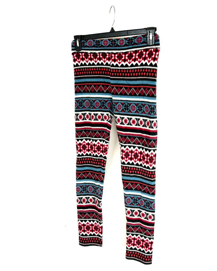 Red and Blue Fleece Geometric Print Leggings - Size 2/4