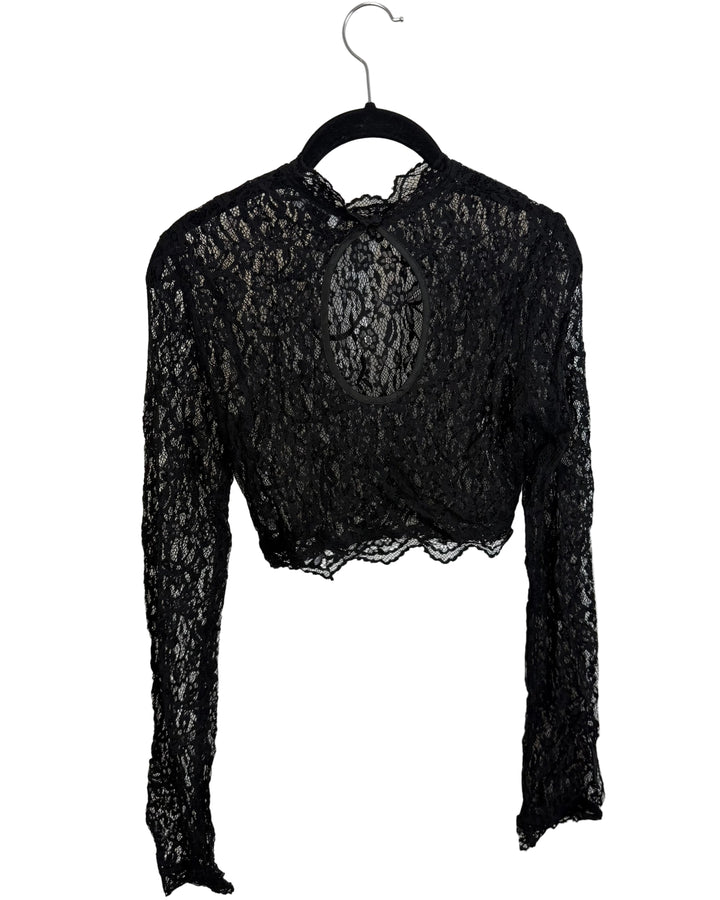 Black Lace High Neck Crop Top - Size 2/4