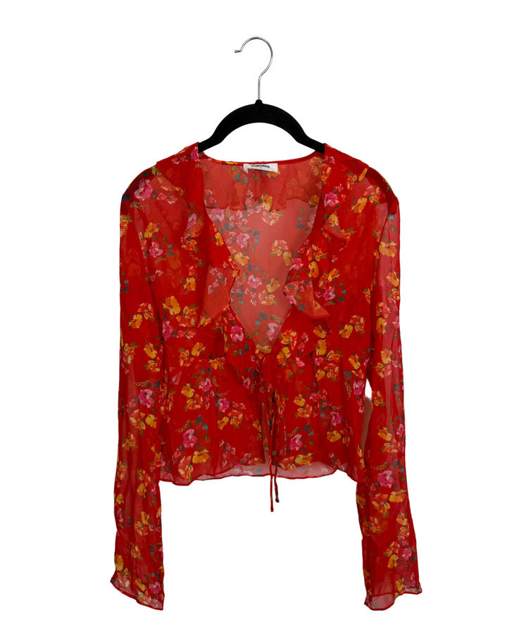 Red Sheer Ruffle Floral Top - Size 2/4