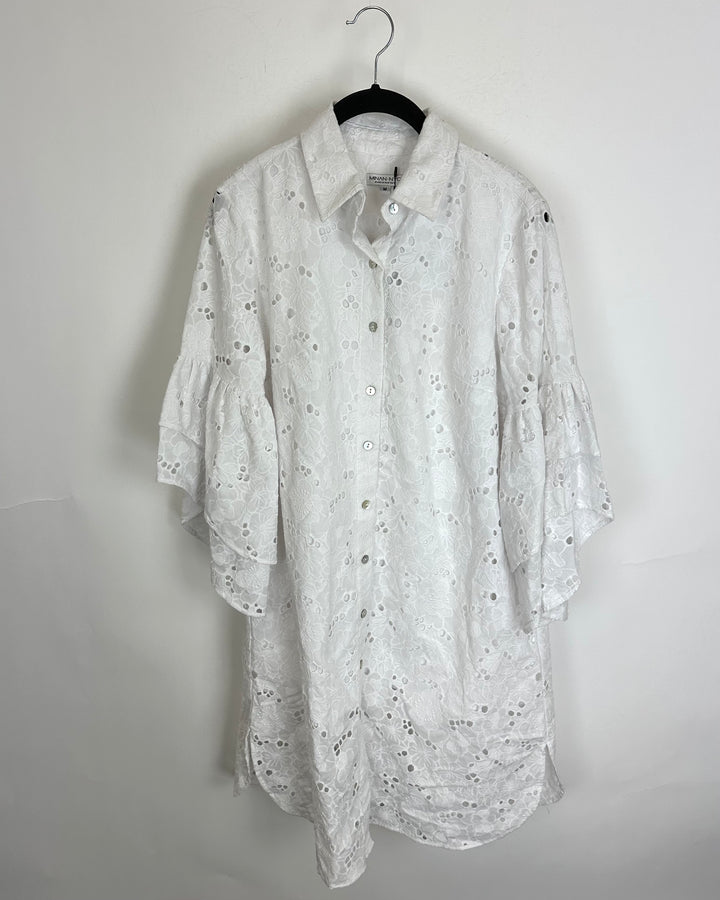 White Eyelet Lace Ruffle Sleeve Dress - Size 8/10