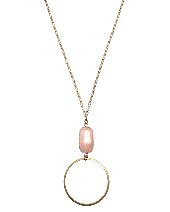 Long Pink Stone & Circle Necklace