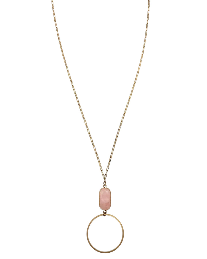 Long Pink Stone & Circle Necklace
