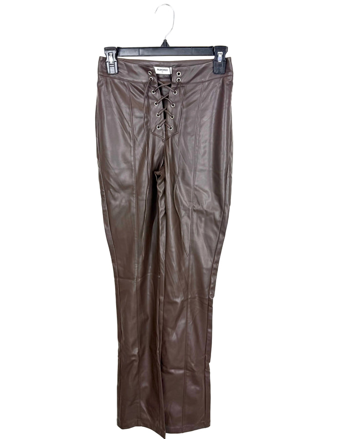 Brown Front Tie Faux Leather Pants - 0/2 and 2/4