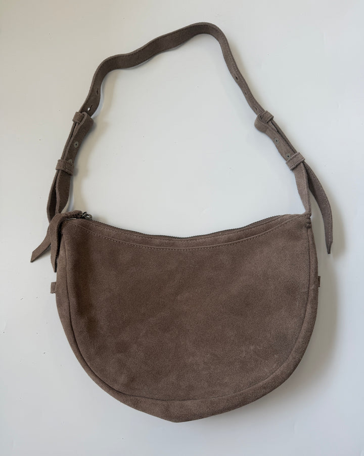 Taupe Brown Suede Crescent Shoulder Bag