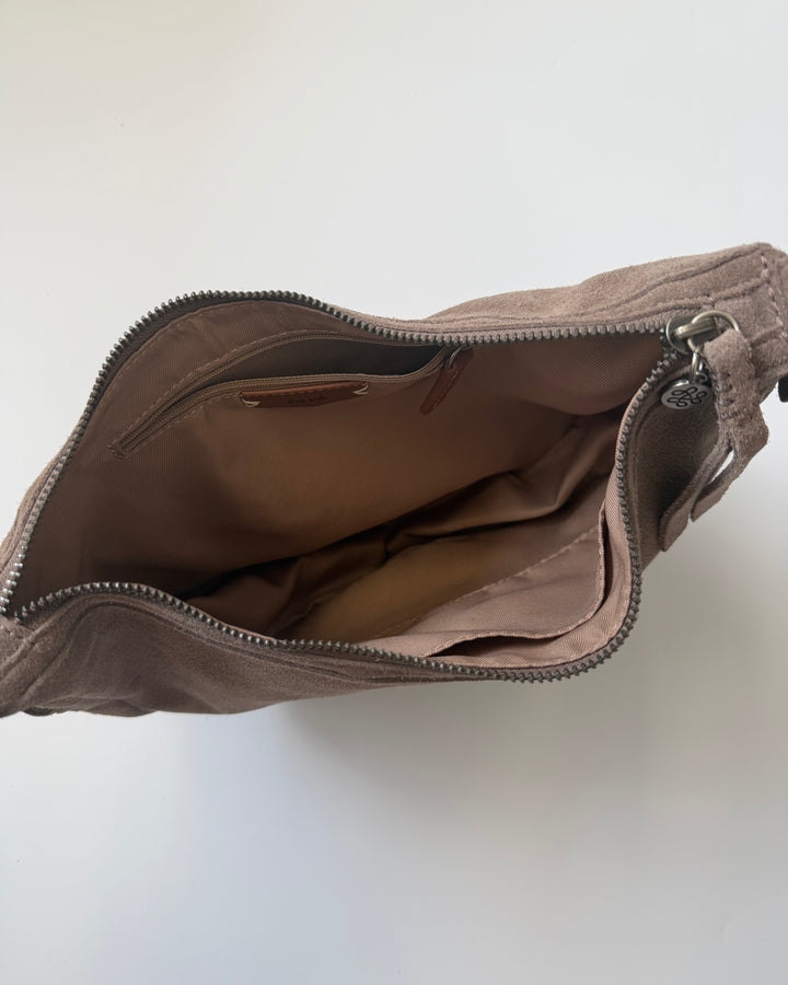 Taupe Brown Suede Crescent Shoulder Bag