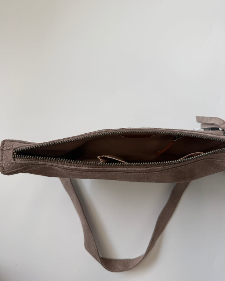 Khaki Grey Suede Crescent Bag