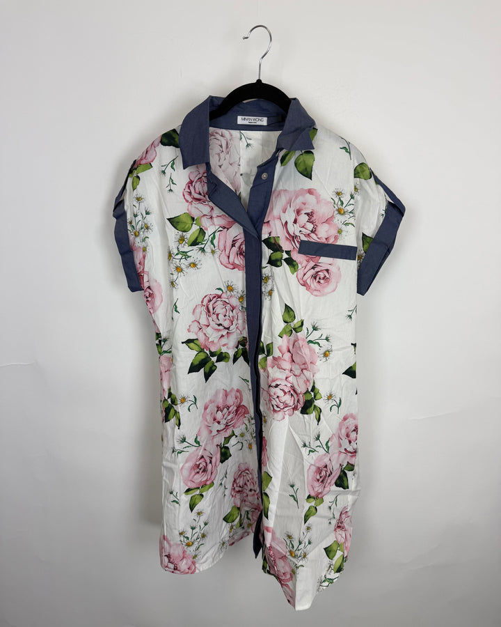 White Floral Print Shirt Dress - Size 8/10