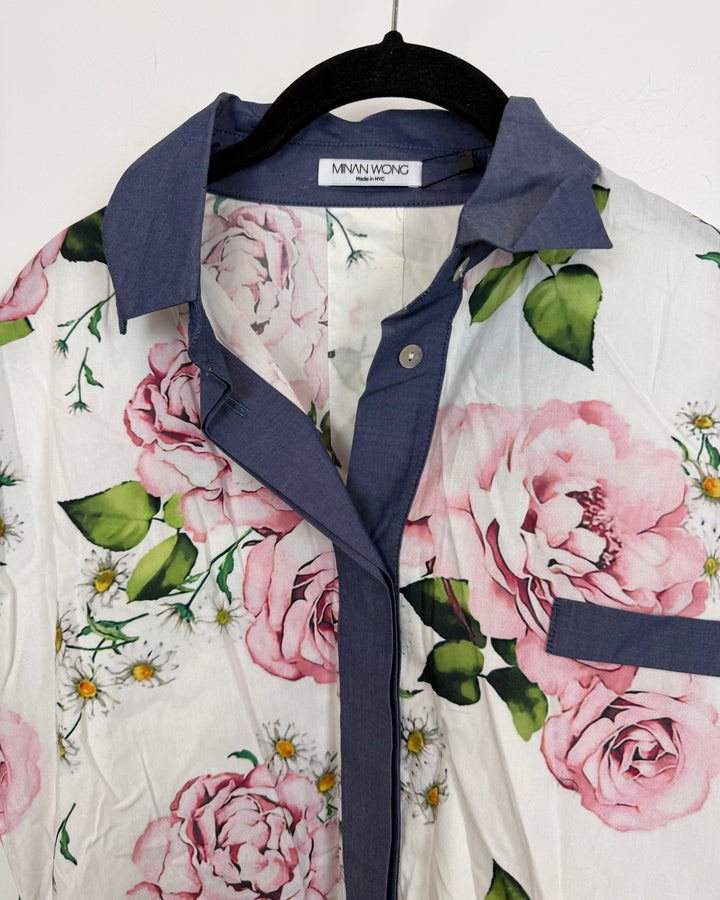 White Floral Print Shirt Dress - Size 8/10