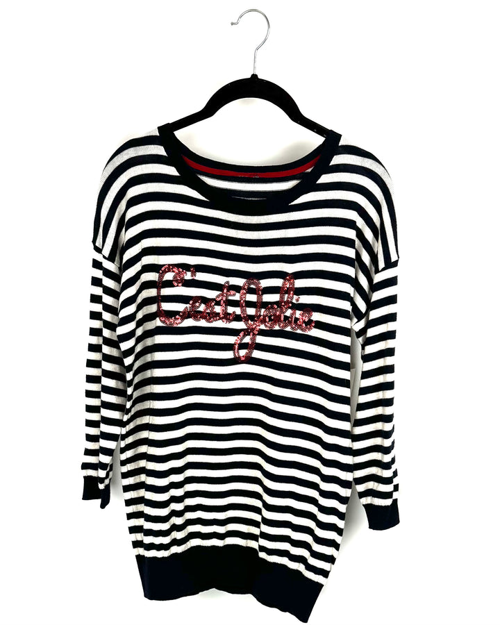 Navy Blue and White Striped Sweater - Medium