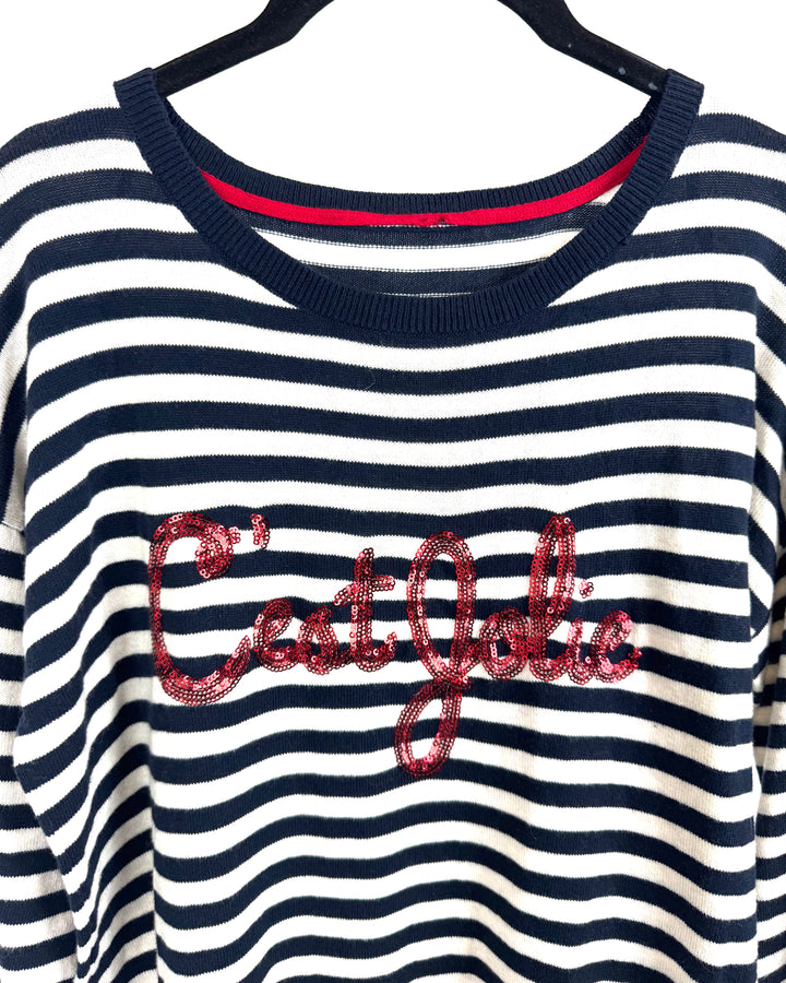 Navy Blue and White Striped Sweater - Medium