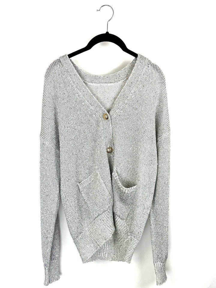 Gray Sequin V-Neck Cardigan - Medium