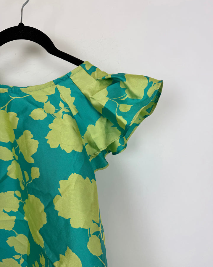 Teal Floral Ruffle Sleeve Blouse - Size 4/6