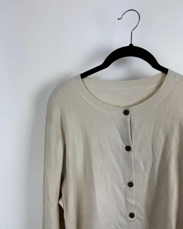Light Beige Button-Down Crewneck Sweater - Extra Large