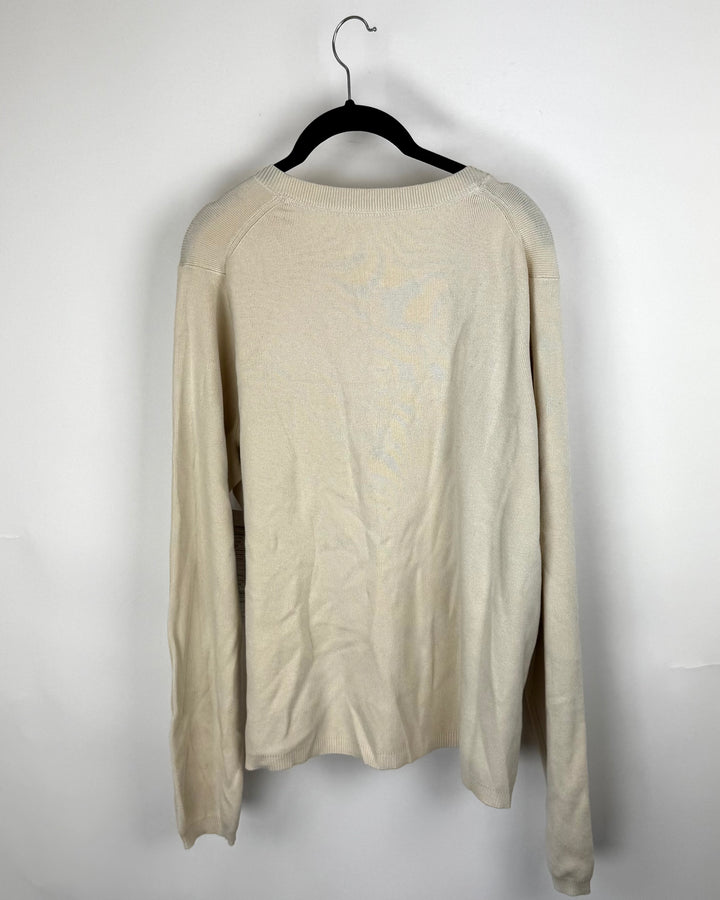 Light Beige Button-Down Crewneck Sweater - Extra Large